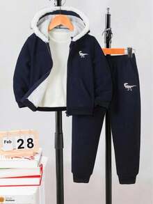 2 件套可爱卡通印花拉链连帽衫夹克和裤子套装，休闲街头滑板舒适秋冬，圣诞节 - 寶藍色 - 查看 7