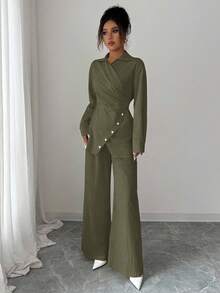 Modelyn 女士梭织领长袖系带棉质修身两件套 - 軍綠色 - 查看 6