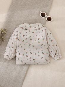 SHEIN Vintaside Kids Áo nhung kẻ cổ bèo nhún họa tiết hoa xinh xắn cho bé gái, Áo khoác ngoài thời trang và đa năng, thoải mái cho mùa thu/đông - Màu be - Xem 2