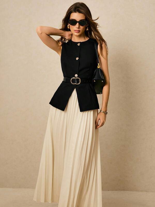 Poéselle 女士纯色圆领无袖前扣时尚百搭西装套装秋冬女装