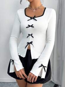 SHEIN 少女圆领纯色撞色蝴蝶结长袖 T 恤，喇叭袖口修身衬衫，可爱校园上衣，白色上衣，春秋装，学院风，度假风，蝴蝶结，节日，优雅，粉色和白色/复古 - 黑與白 - 查看 6