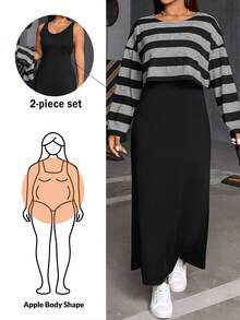 SHEIN Essnce Plus Size Women's Autumn And Winter Fashion Casual Daily Comfortable Black And White Striped Long-Sleeved Loose T-Shirt And Black Vest Long Dress Two Pieces Set,Curve Set,Dress Set,Streetwear For Women,Spring Clothes,Airport Outfit For Women,College Students Outfit - Multicolor - View 1