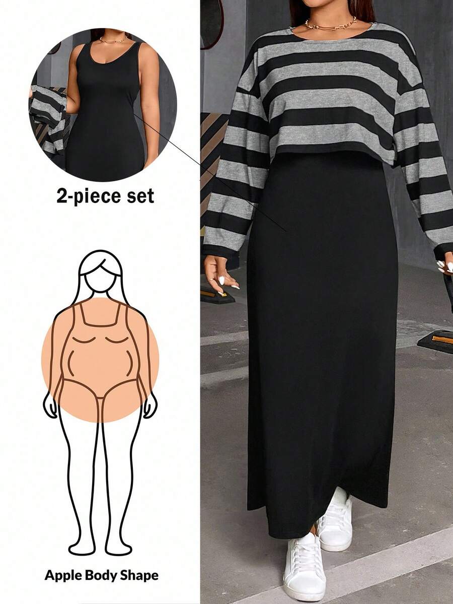 SHEIN Essnce Plus Size Women's Autumn And Winter Fashion Casual Daily Comfortable Black And White Striped Long-Sleeved Loose T-Shirt And Black Vest Long Dress Two Pieces Set,Curve Set,Dress Set,Streetwear For Women,Spring Clothes,Airport Outfit For Women,College Students Outfit - Multicolor - View 1