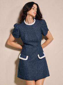 Anewsta New Autumn/Winter Fitted Round Neck Beaded Short Dress, Suitable For Spring, Summer, Going Out, Elegant, Formal, Party, Chic, New Year, Christmas, Graduation