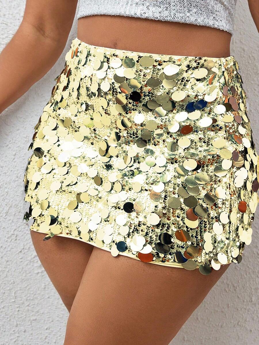 Allurite Váy sequin lấp lánh cỡ lớn cho trang phục dự tiệc năm mới - Vàng nhạt - Xem 1