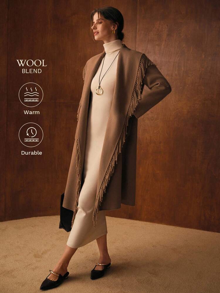WATERFALL COLLAR FRINGE TRIM WOOL BLEND OVERCOAT