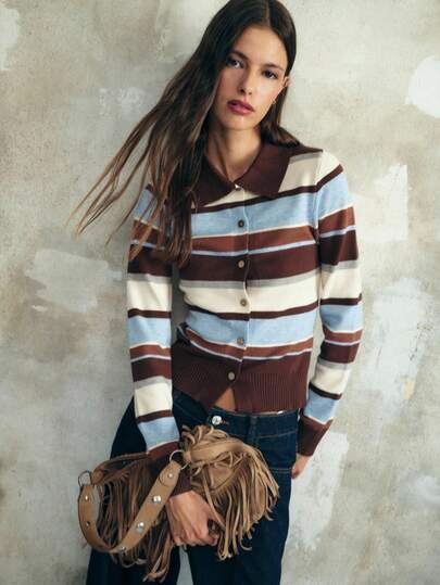 Nöista Buttoned Cardigan With A Striped Neckline, Fitted Ribbed Hem And Long Sleeves, Offering An Elegant And Flattering Layering Piece For Women's Winter Outfits; Perfect Over Blouses, Tees Or Dresses For Casual Chic Looks, Polished Outings, Party Styling, Graduation-Guest Outfits And Refined Christmas Or New Year Ensembles.