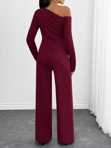 SHEIN Cottnline مجموعة قطعتين كاجوال غير متماثلة للنساء باللون البرغندي - عنابي اللون - مشاهدة 2