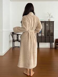 DAZY 女士简约纹理抓绒长袍，家居服，秋冬蓬松睡衣，舒适套装 - 卡其色 - 查看 2