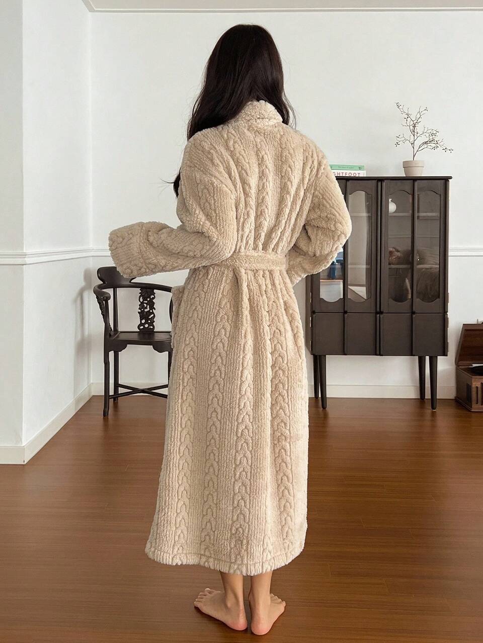 Women's Minimalist Textured Fleece Long Robe, Loungewear, Fall Winter Fluffy Pajama, Cozy Outfit