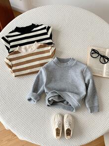 3 件套幼儿男孩/女孩加厚条纹纯色圆领运动衫，舒适休闲基本日常服装，适合室内、户外、日常穿着、运动、派对、拍照、节日、街头服饰、运动服、返校、圣诞节、新年