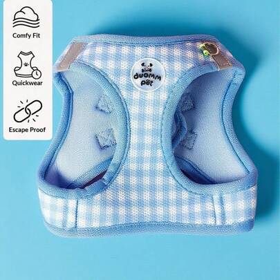 PETSIN 1pc Festive Gingham Cat Harness: Breathable Polyester With Metal Clasps And Reflective Straps For Walks