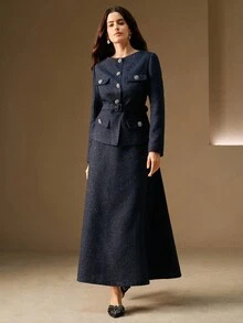 Anewsta 优雅女士时尚水钻套装、办公室/派对西装外套和裙子套装 - 藏蓝色 - 查看 4