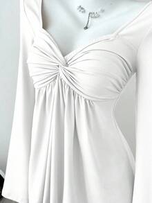 Elamini Damska koszulka z długim rękawem i swobodnym dekoltem w serek z przodu, uniwersalny nowy styl, wiosna/jesień - Biały - Zobacz 5