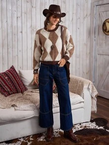 EMERY ROSE Suéter casual de estilo occidental a cuadros multicolor con diamantes de LanaWest para mujer - Marrón - Ver 4