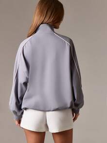 AiiRZ Chaqueta deportiva con cremallera de cuarto para mujer de talla grande, chaqueta informal de punto ligera con puños y cuello acanalados para otoño, invierno y primavera - Gris - Ver 2