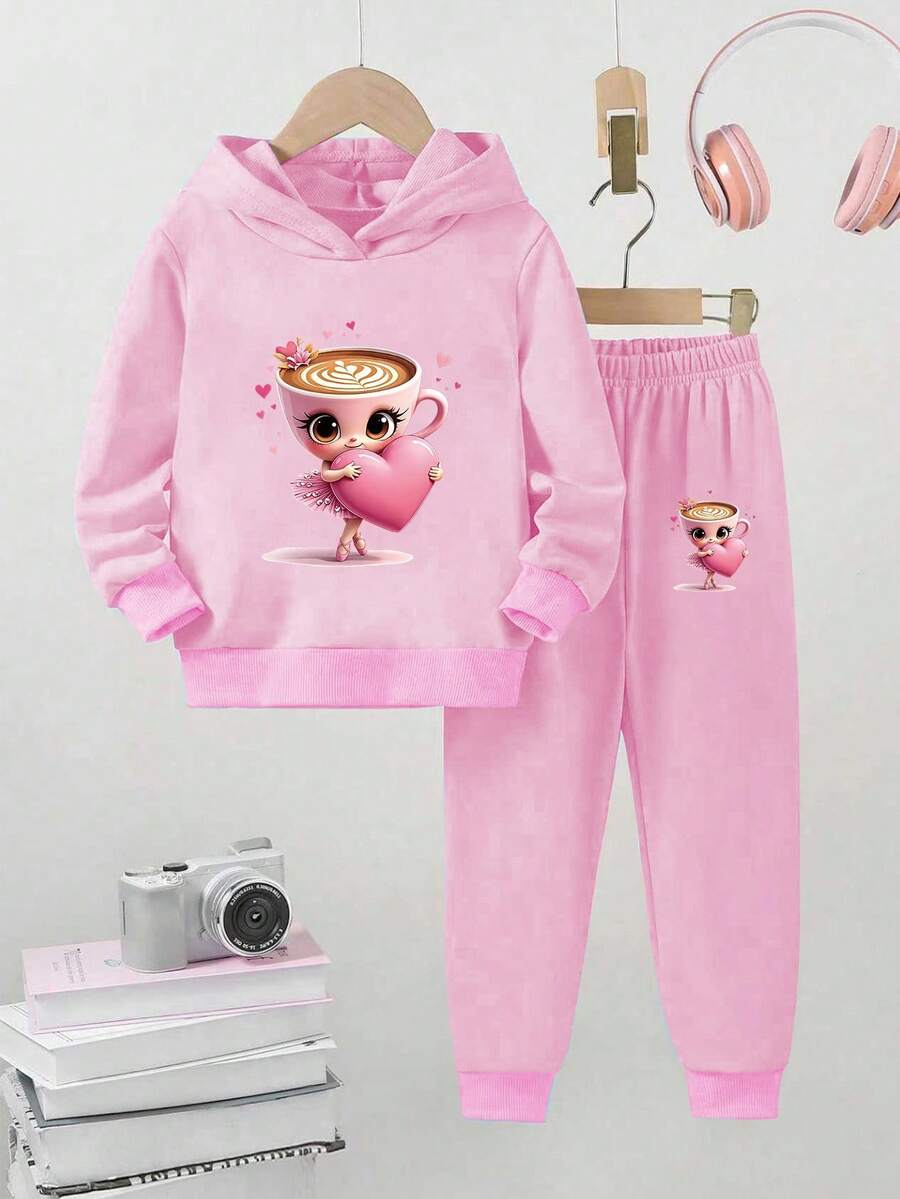SHEIN Playful Pals 年轻女孩休闲时尚可爱趣味卡布奇诺芭蕾舞者图案印花连帽衫 + 裤子 2 件套，适合日常、户外、运动和学校，秋冬 - 粉色 - 查看 1