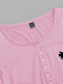 SHEIN EZwear 2件裝女款小馬印花針織長袖T恤，適合秋冬季 - 彩色 - 查看 8