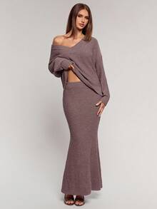 SHEIN BAE Women's Regular V-Neck Long Sleeve Sweater And Knitted Fish Tail Skirt Casual Suit, Autumn,Winter,Winter Clothes ,Winter Clothes For Women,Fall Clothes For Women ,Halloween,Christmas , New Year ,Thanksgiving, Party ,