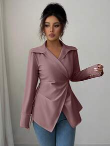 Selianne Women's Solid Color Minimalist Long Sleeve Shirt, Casual Everyday Wear - Redwood - View 3