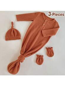 Loomiva Newborn Solid Color Long Sleeve Romper, Hat And Socks Gift Set Fall Winter - Khaki - View 7