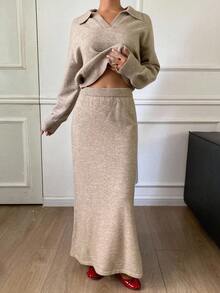 Livesso 女式 V 领长袖毛衣上衣和宽松半身裙两件套，秋季 - 卡其色 - 查看 4