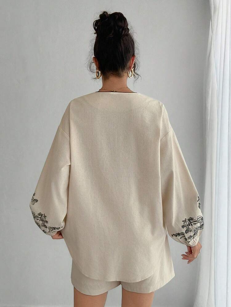Vintage Vacation Long Sleeve Top And Shorts Set, 2pcs/Set For Women Lounge Sets For Women