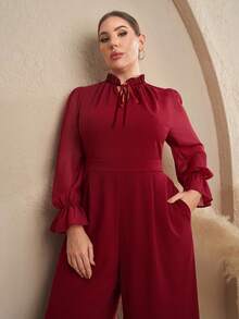 SHEIN Clasi Mono elegante para mujer de talla grande, color vino tinto, de manga larga, con bolsillos, adecuado para ir al trabajo, monos rojos de otoño/invierno para mujer de talla grande, traje de pantalón elegante, monos para mujer, atuendo de oficina para mujer - Burdeos - Ver 7