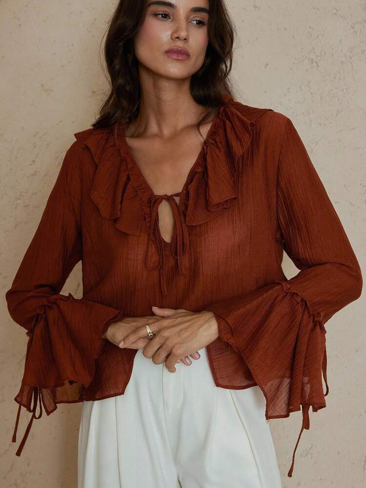 Chiquease Ruffled Tie-Up Chiffon Long Sleeve Shirt, V-Neck With Tie Design, Layered Collar And Cuffs, Suitable For Multiple Occasions - Rust Brown - View 3