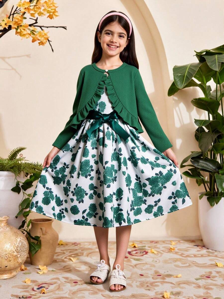 SHEIN 青少年女孩两件套优雅开襟夹克和印花连衣裙，适合秋季、假日、夏季、旅行 - 墨綠色 - 查看 1