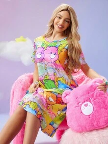 SweetSlumber X Carebears 女士休闲可爱卡通熊印花短袖睡衣连衣裙，夏季蓬松睡衣卡哇伊连衣裙，冬季舒适保暖，哞哞睡裙