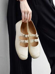 CUCCOO BIZCHIC New Lacquered Square Toe Flat Shoes For Office Commute, Spring/Autumn - Beige - View 4