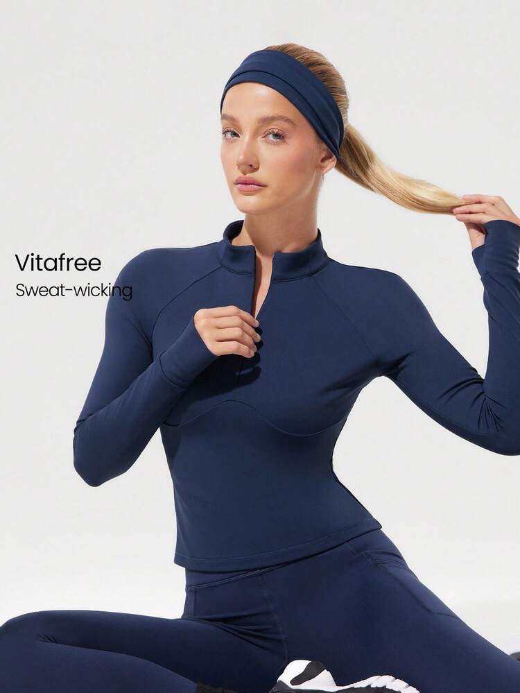 Slim Fit Warm Waist Length 1/4 Zip Knit Long-Sleeve Top With Thumbholes Running Jogging Hiking Gym Training Daily Active Wear Sweat-Wicking