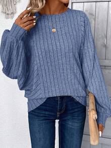 EMERY ROSE Apricot Fuzzy Ribbed Women Long Sleeve Sweatshirt,Fall - Dusty Blue - View 3