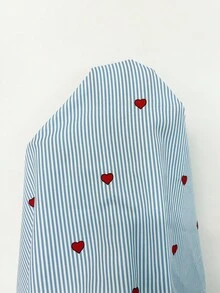 Breezaya 女式春夏优雅盖袖心形印花蓝白条纹面料盖袖衬衫 - 藍色 - 查看 7