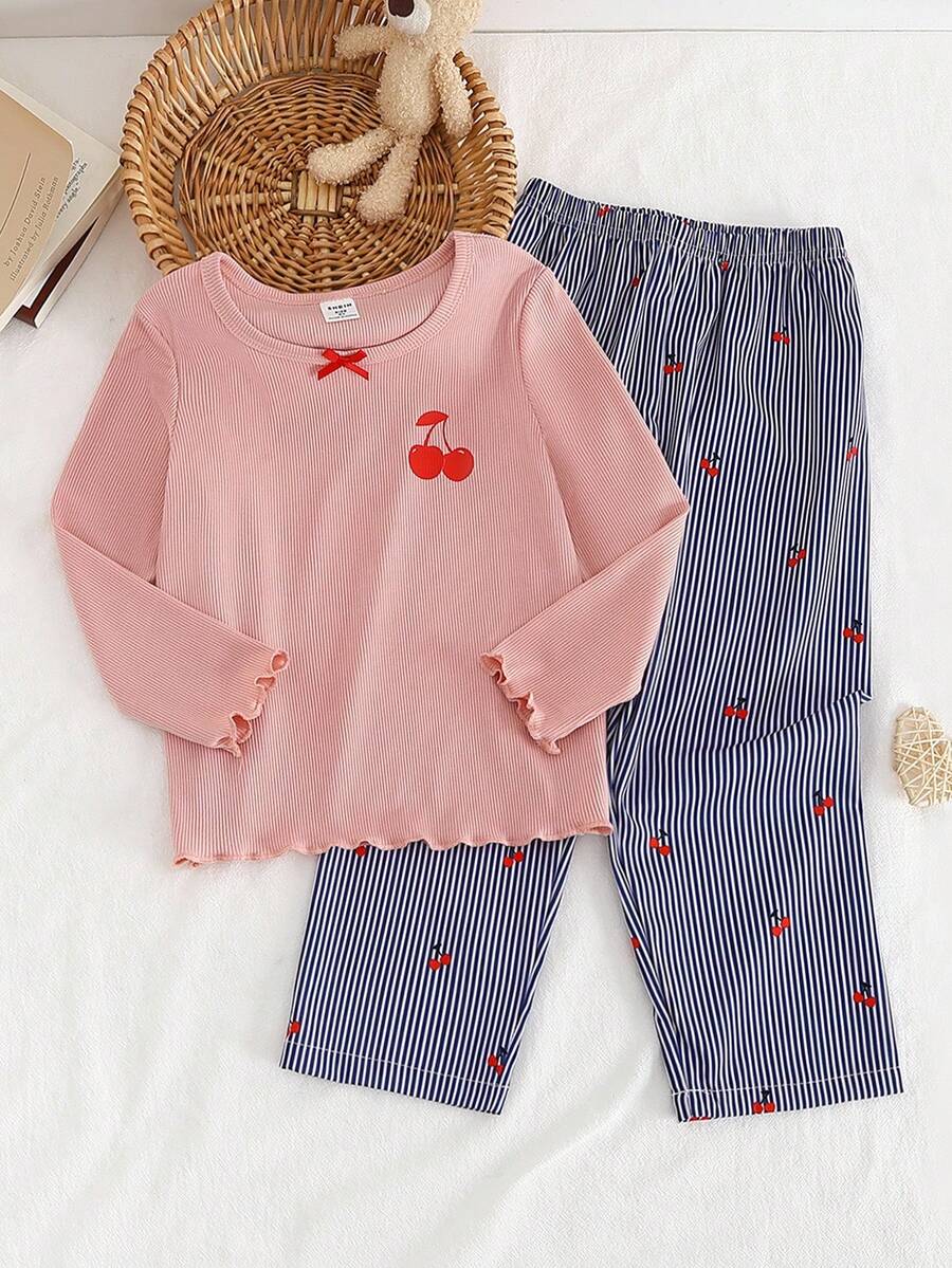 Rosa ribbad körsbärsmönstrad långärmad topp och ribbade byxor för ung flicka
