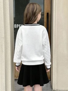 SHEIN Serisse Kids Tween Girl Solid White Wit Black Stripe Detail V-Neck Striped Cable Knit Casual Embroidered Autumn Winter, Back To School, Daily Wear White Cable Knit Sweater Varsity Sweaters White Sweater Teen Girl Tween Sweater Preppy Clothes For Girls Tween Sweaters Aesthetic Preppy Clothes White Sweater Tween, For Autumn Winter ,Preppy Sweater Uniform Girl Sweaters Tween Teen Girl Sweater Tween Girl Sweater - White - View 9
