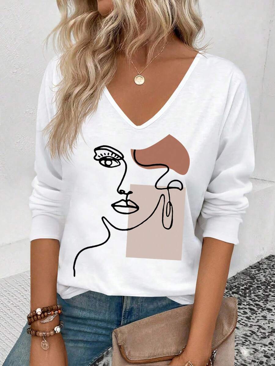 EMERY ROSE Camiseta casual versátil de mujer con cuello en V, manga larga y estampado de retrato geométrico, un éxito de en otoño/invierno - Blanco - Ver 1