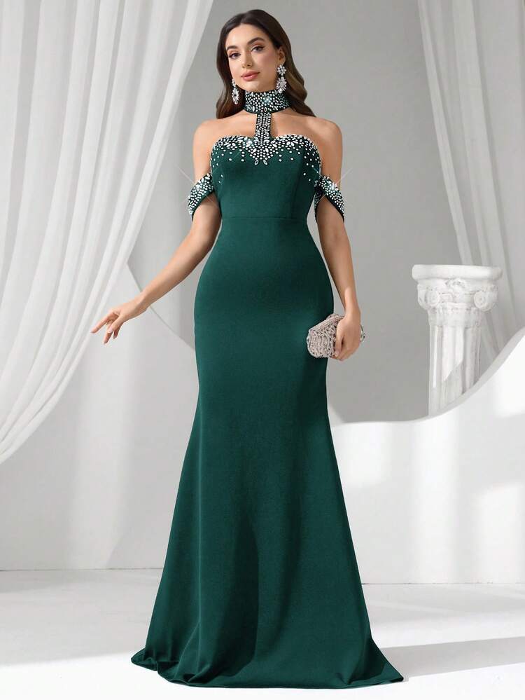 Formal Evening Gown (Heavily Embellished) - Dark Green - View 1