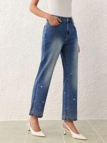 SHEIN Essnce Women's Casual Washed Rhinestone Flare Jeans - Blue - View 5