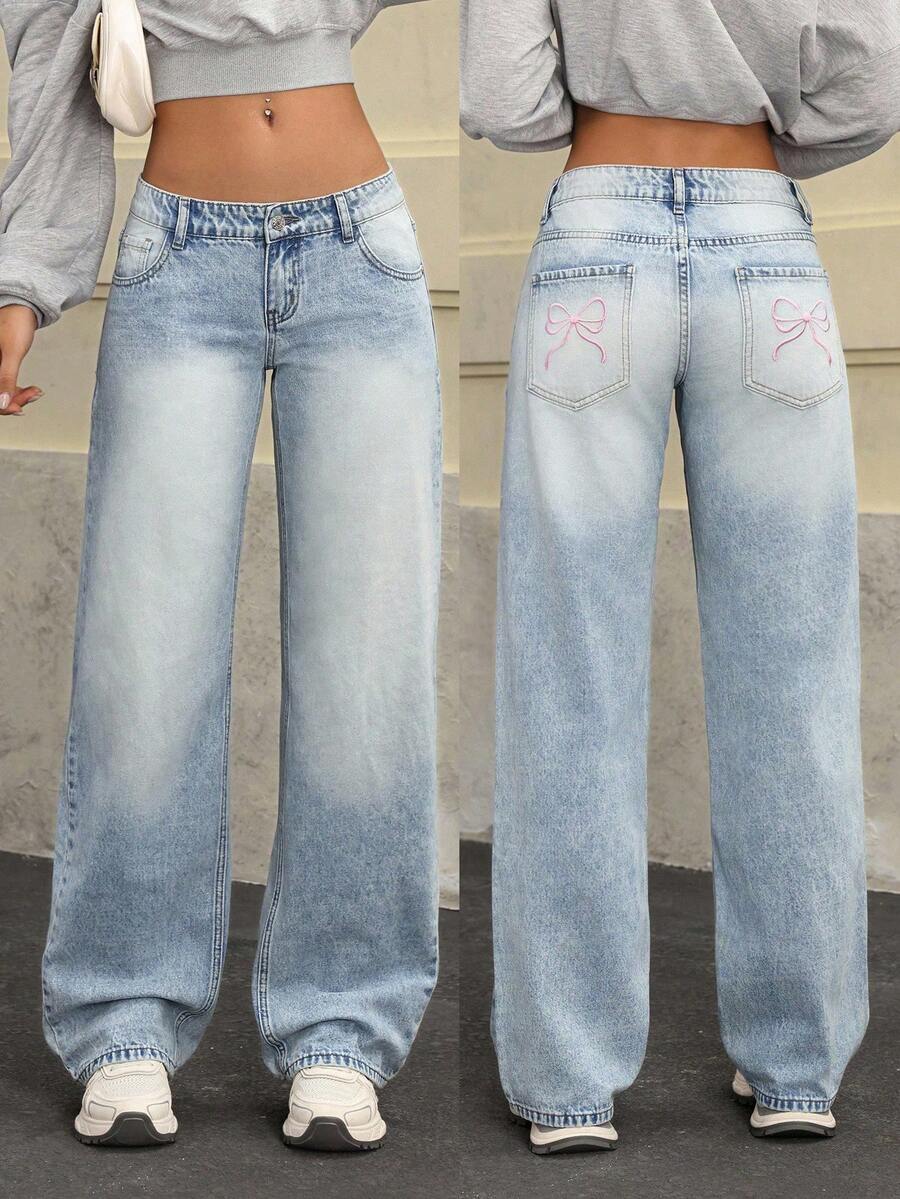 Jeanoix Women's Casual Washed Low-Waist Straight-Leg Jeans