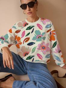 Shutterstock Glamance Glamance Shutterstock Apricot Floral Print Casual Elegant Modest Minimalist Women Long Sleeve Sweatshirt, Suitable For Everyday, Work, Outing, Office, Vintage, Travel, Christmas, Autumn/Winter Going Out Fall Chic Stylish Clothing Collection