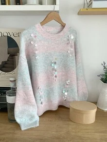 DAZY Damski luźny, swobodny, elegancki sweter w paski z nadrukiem tie-dye, kolorowy, dojazdowy, stylowy, z kryształkami i cekinami, jesień/zima - Miętowy niebieski - Zobacz 16