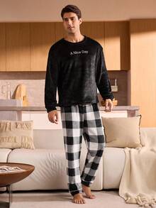 SHEIN 男士休闲睡衣套装（长袖上衣和长裤），秋冬装，圣诞节，蓬松舒适 - 黑色 - 查看 4