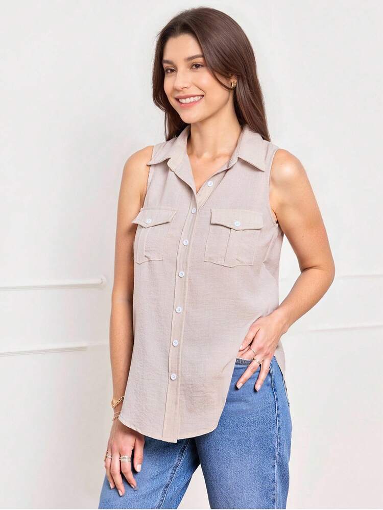 Women's Sleeveless Solid Casual Blouse, Minimalist Fashion For Summer