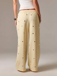 AiiRZ Studded Wide Leg Palazzo Pants With Polka Dot Pattern High Rise Elastic Waist Casual Trousers