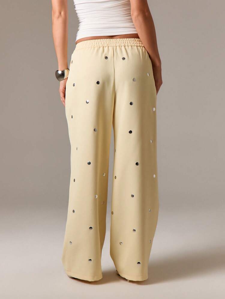 AiiRZ Pantalon palazzo à jambes larges cloutées avec motif à pois, taille haute élastique, pantalon casual