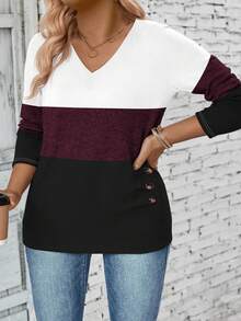 EMERY ROSE Áo thun dệt kim cổ chữ V tay dài ba màu thiết kế thường ngày cho nữ, áo thun họa tiết mùa thu/đông dành cho nữ mùa xuân - Nhiều màu - Xem 6