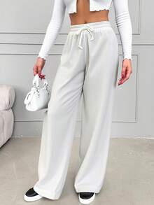 RueChic Einfarbige Lange Damenhose Mit Kordelzug In Der Taille - Weiss - Übersicht 3