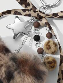 ROMWE Kawaii 1pc Fashionable Retro Personalized Acrylic Star Flower Brown Faux Fur Leopard Bow Heart DIY Keychain Bag Charm, Suitable For Women, Daily Wear, Holiday Gift - Brown-21 - View 7